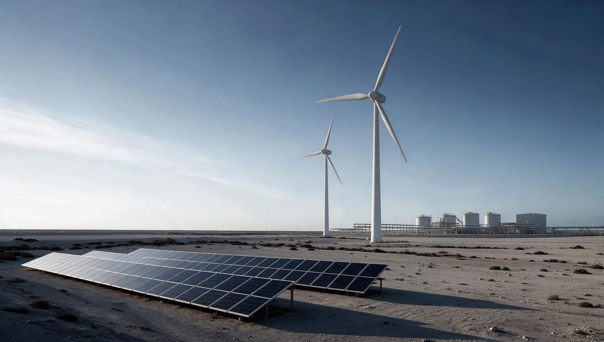 Solar panels and wind turbines beside an industrial plant in an arid landscape (illustrative image)